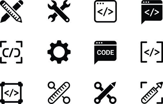 Black Icons of Coding Tools and Symbols on White Background