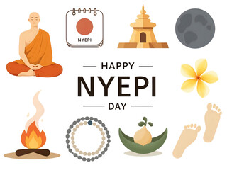 A collection of illustrations celebrating Nyepi Day, featuring a meditating monk and related symbols.