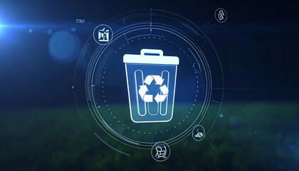 Digital trash can with recycle symbol, surrounded by tech icons