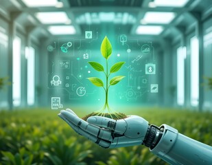 Sustainable AI Farming Technology: Robot Hand Nurturing Plant for Agri-Tech & Eco-Innovation