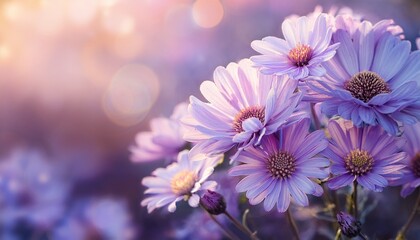 close up of delicate light purple flowers in soft focus nature photography