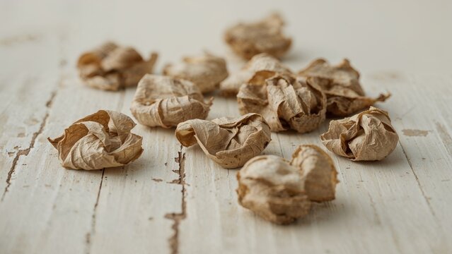 Close-up of dried and curled flower petals scattered on a weathered wooden surface with space for text or design elements