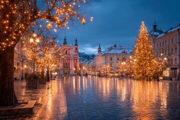 A brightly lit Christmas tree and lights adorn a city square with reflective wet cobblestones under a dusk sky