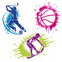 Sports action silhouettes with colorful splashes basketball golf