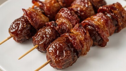 Close-up shot of bacon and date finger foods on skewers