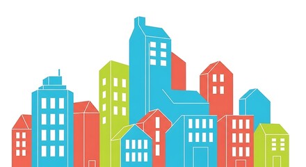 An illustrated urban cityscape with diverse buildings, houses, and street architecture, perfect for design icons or real estate business