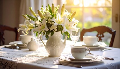 Fototapeta premium Easter lily bouquet in porcelain pitcher, lace doilies underneath, antique silverware gleaming, traditional brunch table setting with natural lighting