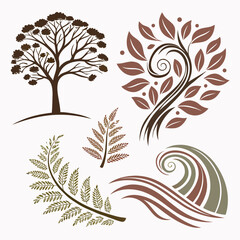 Stylized nature elements with trees leaves and waves fern