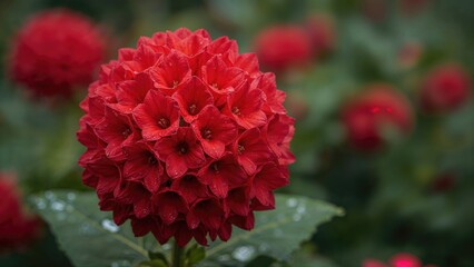 Fototapeta premium Close perspective on red Adenium floral clusters glistening with fresh raindrops in a spring garden