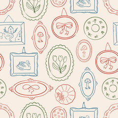 Seamless vector pattern with hand drawn vintage frames. Background with whimsical paintings and decorative plates. Cottagecore coquette texture for wallpaper, wrapping paper, textile design