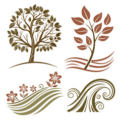 Stylized trees flowers and swirling leaves in brown and green nature branches