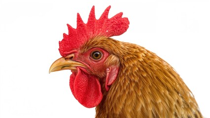 Portrait of a bird with a striking red crown, alert eyes, and textured golden-brown feathers isolated on white.