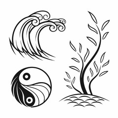 Stylized wave yin yang and plant icons tree nature