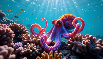 Vibrant Octopus Amidst Lively Coral