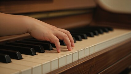 Macro shot of a child's hand touching an acoustic keyboard