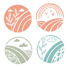 Nature inspired circular icons with plants and sky