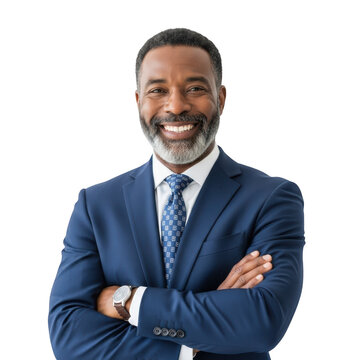 Photo of a confident african american businessman in a blue suit and tie smiles with crossed arms, isolated on a transparent background