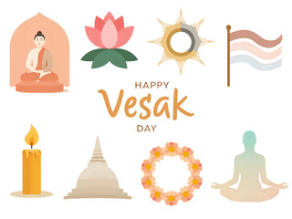 A collection of Vesak Day illustrations, including Buddha, lotus, and other symbols.