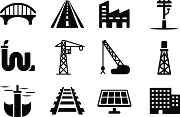 Black and White Infrastructure Icons Bridge Road Factory Crane Power Line