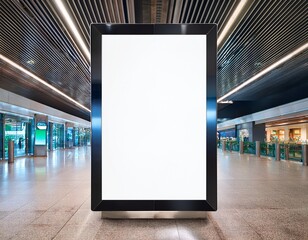 blank vertical digital signage screen or kiosk mockup mounted on a wall or stand in a brightly lit modern public space like a shopping mall airport or subway station ready for advertising