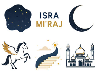 Illustration depicting Isra Mi'raj with elements like a mosque, winged horse, moon, stars, and stairs leading to the sun.