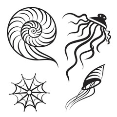 Nautilus shell jellyfish and spiderweb icons black