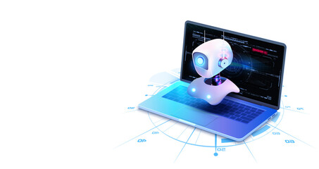 A digital assistant is depicted emerging from a laptop screen, highlighting advanced technology and interactive AI design. The scene suggests innovation and futuristic communication.