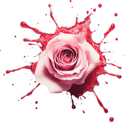 Pink rose center with red liquid splash on white background flower bloom