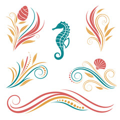 Fototapeta premium Ocean floral swirls and seahorse nature