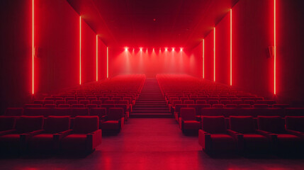 Red modern movie theater with empty seats and bright lighting. A backdrop for entertainment and cultural events.