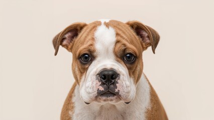 Adorable little red and white bulldog pup with a sturdy frame on a light surface.