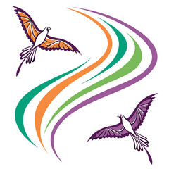 Two stylized birds with colorful wings soaring through swirling lines flying abstract