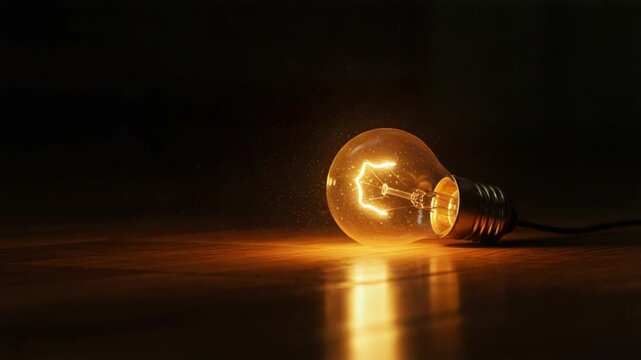 Glowing light bulb lying on a wooden surface in dim light emitting particles effect