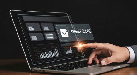 Close-up of businessman touching digital hologram showing credit score data, loan information, payment card, mortgage rate, and financial ranking chart