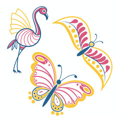 Obraz premium Pink yellow blue stylized flamingo and butterflies