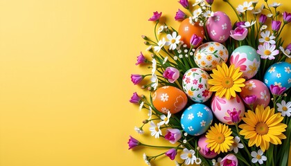 Vibrant Easter Celebration with Eggs and Flowers