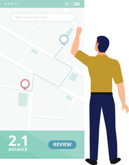 Boy presents map locations on his mobile screen.