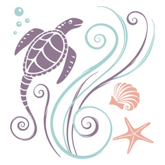 Purple turtle with sea elements starfish seashell