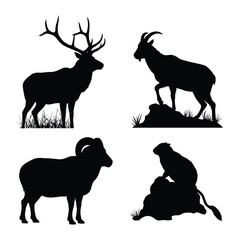 Four wild mountain animals in silhouette against white background.