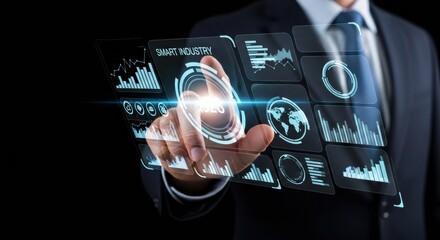 Businessman uses glowing holographic interface with chart and control to manage smart industry system, lean manufacturing, quality control, and industrial data optimization