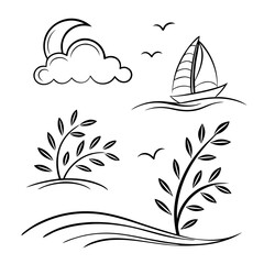 Fototapeta premium Sailboat cloud birds and plants moon