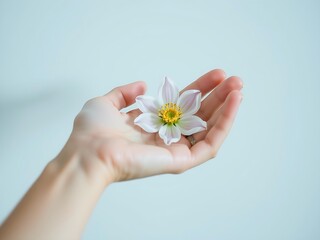 Close-up of a hand holding a flower against a pastel blue background &ndash; creative lifestyle photo concept for beauty, nature, minimal aesthetic, emotional visuals, or personal storytelling

