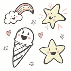 Smiling cloud rainbow ice cream stars hearts vector