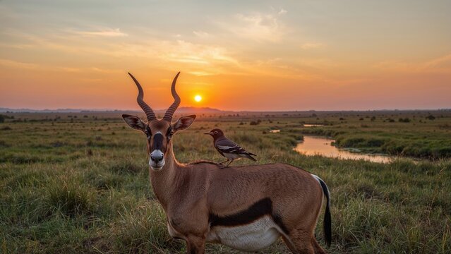 Red-billed Oxpecker perched on Gazelle in Protected Natural Area - Powered by Adobe