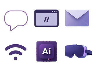 Six purple icons depicting a speech bubble, browser window, email, wifi, AI chip, and VR headset.