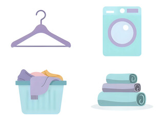 Laundry themed illustration showing a hanger, washing machine, basket of clothes, and a stack of folded towels.