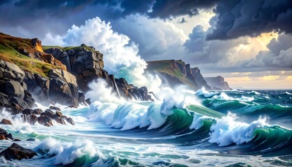 Obraz premium Dramatic coastal waves crash against rocky cliffs under stormy skies