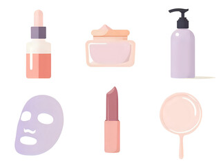 Flat design illustration of various beauty products, including face masks, creams, and lotions.