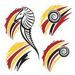 Tribal horse and ammonite symbols with red yellow black stripes