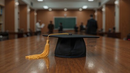 Obraz premium Yellow tassel graduation cap resting on wooden surface with a softly focused library backdrop